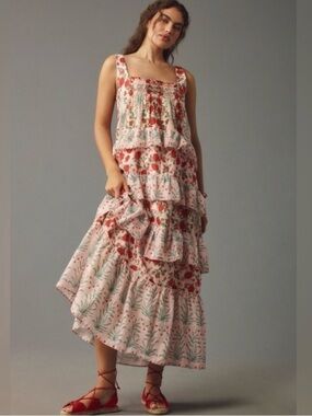 Anthropologie Pink Floral Maxi Dress with Red & Green Print